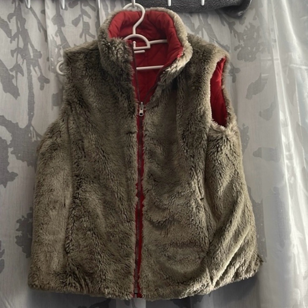 WEATHERPROOF Quilted Reversible FAUX FUR Brown / RED Zip Up Vest -Size Large